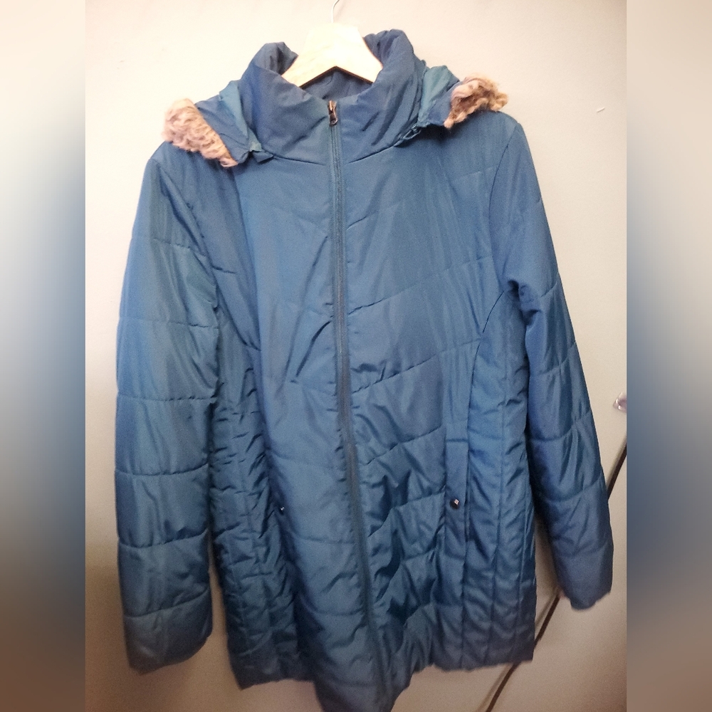 St. John's Bay Teal Puffer Jacket with Faux Fur Trim
